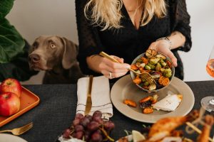 woman eating food with dog waiting